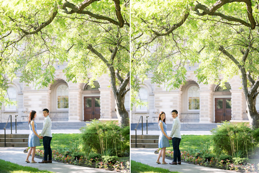 Christopher Luk (Toronto Wedding, Portrait and Event Photographer): Alison and Kenneth's Engagement Session - Osgoode Hall Nathan Philips Square City Hall Downtown Toronto Financial District - Bride and Groom Natural Candid Photojournalistic Creative Walkway Path Trees