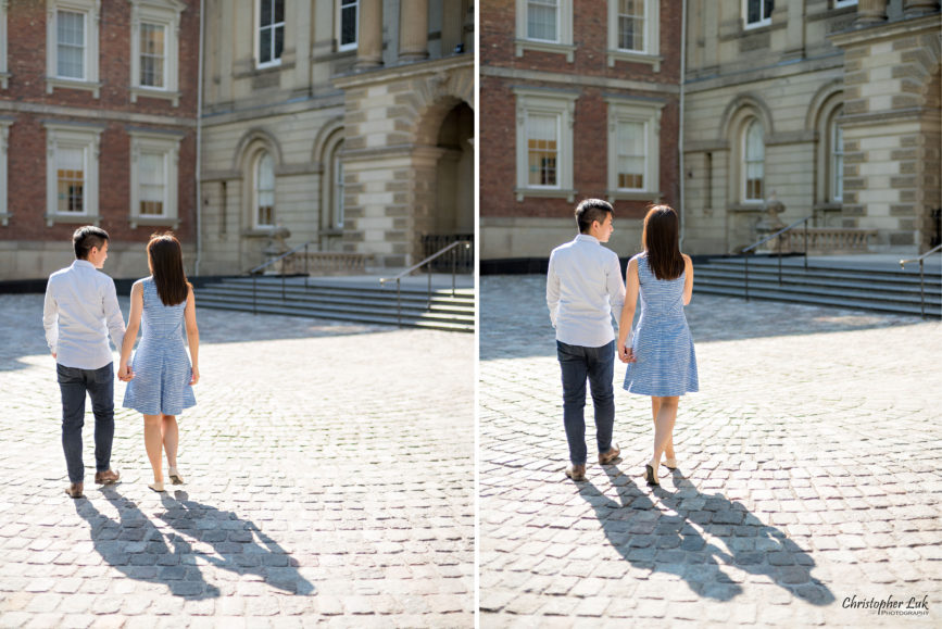 Christopher Luk (Toronto Wedding, Portrait and Event Photographer): Alison and Kenneth's Engagement Session - Osgoode Hall Nathan Philips Square City Hall Downtown Toronto Financial District - Bride and Groom Natural Candid Photojournalistic Creative Walking Cobblestone Stone Brick Silhouette Shadow
