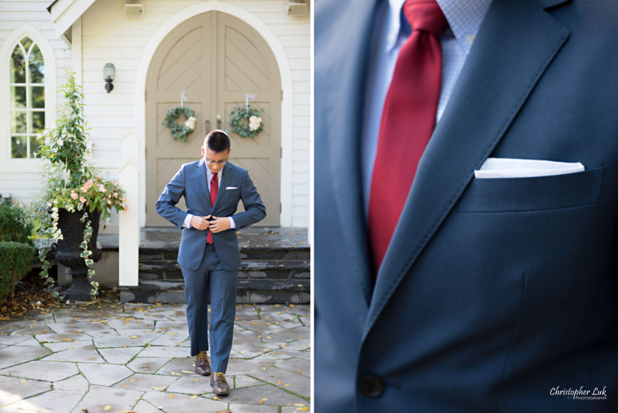 Christopher Luk - Toronto Vaughan Wedding Portrait Corporate Lifestyle Event Engagement Session PreWedding Photographer - The Doctor's House Main Street Kleinburg Conservation Woods Park Autumn Fall Leaves Groom Blue Shirt Suit Red Tie White Pocket Square GQ