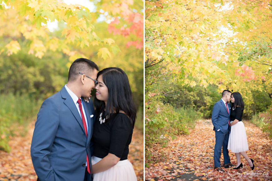 Christopher Luk - Toronto Vaughan Wedding Portrait Corporate Lifestyle Event Engagement Session PreWedding Photographer - The Doctor's House Main Street Kleinburg Conservation Woods Park Autumn Fall Leaves Bride Groom Pink Tulle Skirt Blue Suit Red Tie Golden Glowing Forest Trees Hug Snuggle Intimate Close