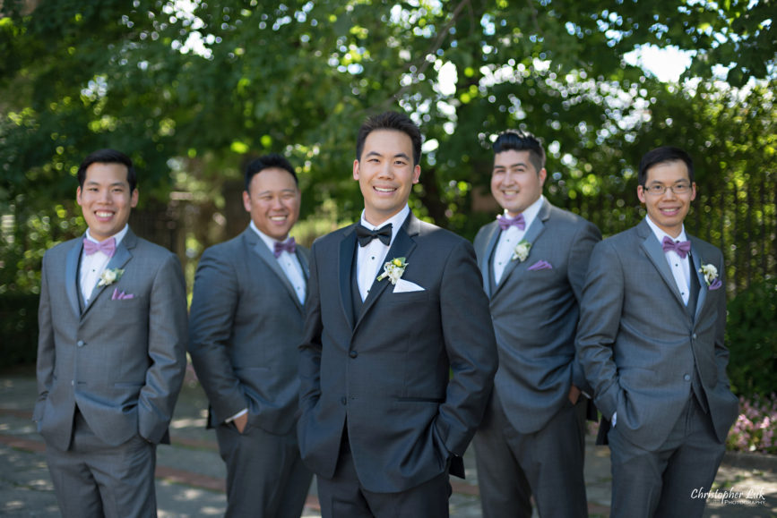 Christopher Luk (Toronto Wedding Photographer): Christine and Jonathan's Wedding - Graydon Hall Manor Toronto Foodie Summer Outdoor Garden Ceremony Patio Terrace Tent Dinner Reception Groom Groomsmen Grey Suit Purple BowTie Black Tuxedo Bow Tie Group Boutonniere Happy Smile