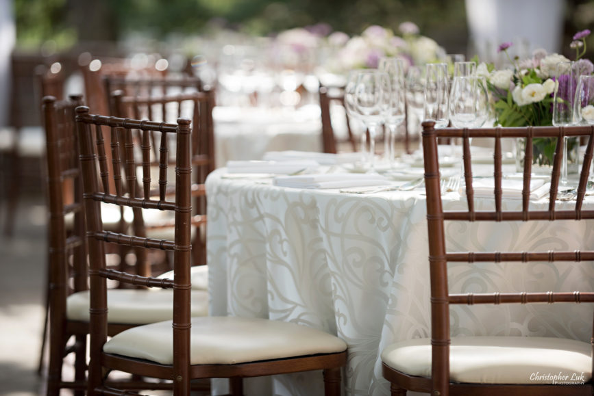 Christopher Luk (Toronto Wedding Photographer): Christine and Jonathan's Wedding - Graydon Hall Manor Toronto Foodie Summer Outdoor Garden Ceremony Patio Terrace Tent Dinner Reception Table Cloth White Cream Paisley Linen Chiavari Chairs