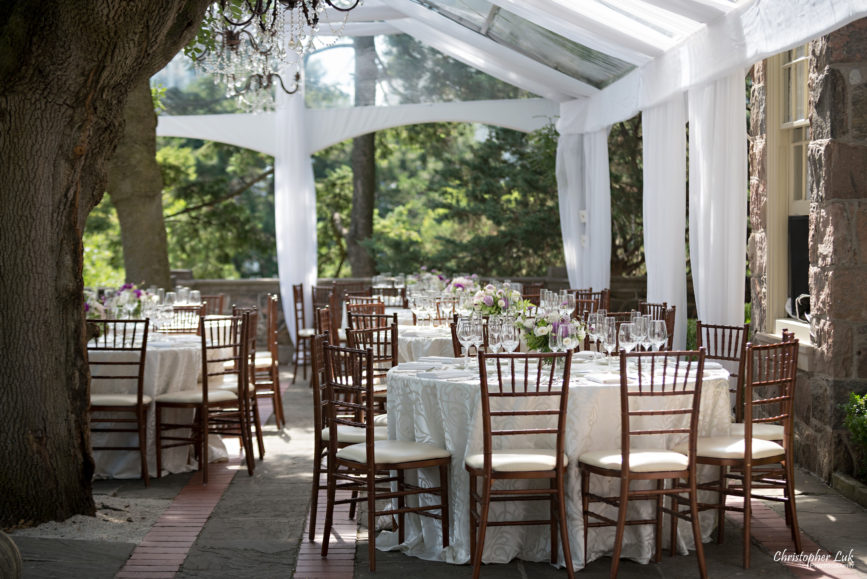 Christopher Luk (Toronto Wedding Photographer): Christine and Jonathan's Wedding - Graydon Hall Manor Toronto Foodie Summer Outdoor Garden Ceremony Patio Terrace Tent Dinner Reception Table Cloth White Cream Paisley Linen Chiavari Chairs Wide Trees