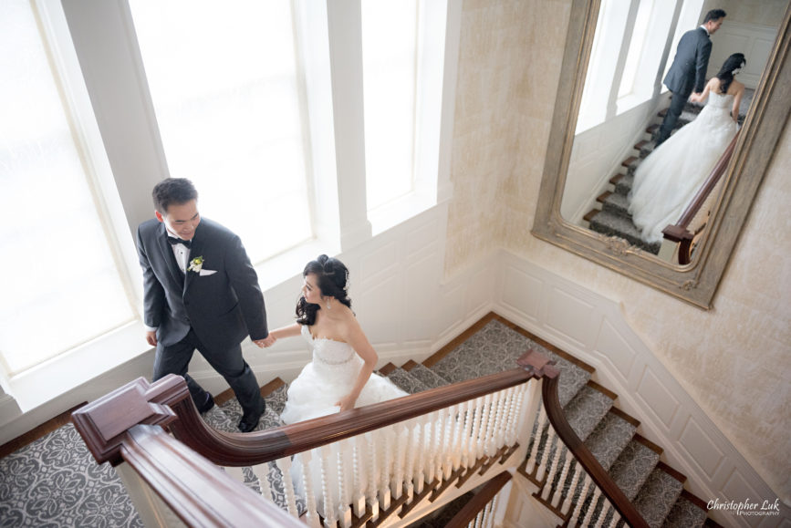 Christopher Luk (Toronto Wedding Photographer): Christine and Jonathan's Wedding - Graydon Hall Manor Toronto Foodie Summer Outdoor Garden Ceremony Patio Terrace Tent Dinner Reception Natural Candid Photojournalistic Bride Groom Walking Up Interior Grand Staircase Smile Happy Mirror