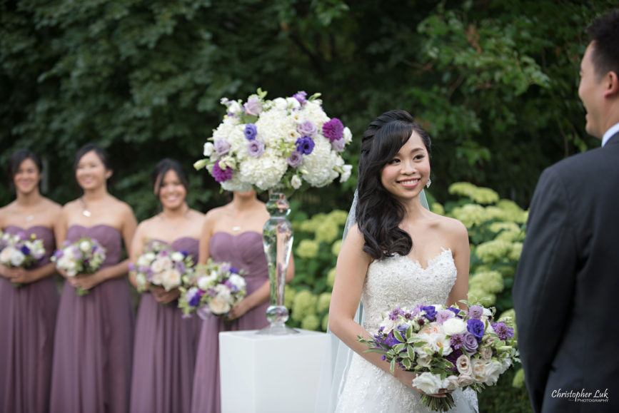 Christopher Luk (Toronto Wedding Photographer): Christine and Jonathan's Wedding - Graydon Hall Manor Toronto Foodie Summer Outdoor Garden Ceremony Patio Terrace Tent Dinner Reception Bride Groom Candid Natural Photojournalistic Bridesmaids Floral Vase Decor Vows