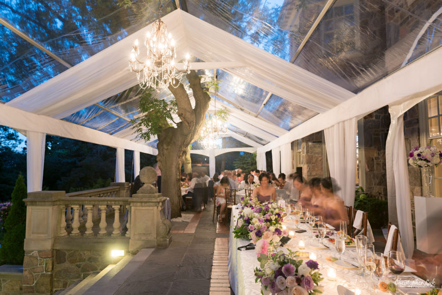 Christopher Luk (Toronto Wedding Photographer): Christine and Jonathan's Wedding - Graydon Hall Manor Toronto Foodie Summer Outdoor Garden Ceremony Patio Terrace Tent Dinner Reception Nighttime Evening Mansion Estate Exterior Stone Staircase Stairs Steps Chandeliers Dinner Guests Head Table Trees