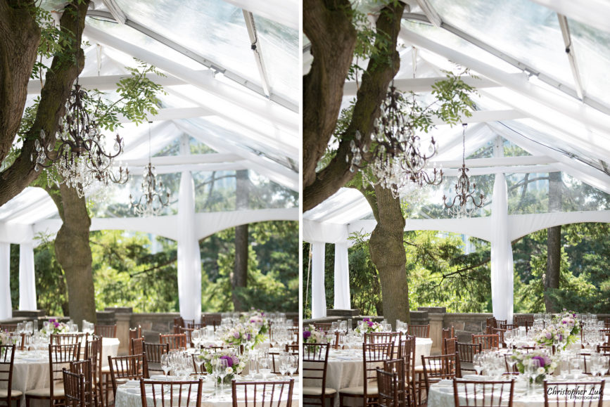 Christopher Luk (Toronto Wedding Photographer): Christine and Jonathan's Wedding - Graydon Hall Manor Toronto Foodie Summer Outdoor Garden Ceremony Patio Terrace Tent Dinner Reception Table Cloth White Cream Paisley Linen Chiavari Chairs Trees Glass Crystal Lamp Light Chandeliers