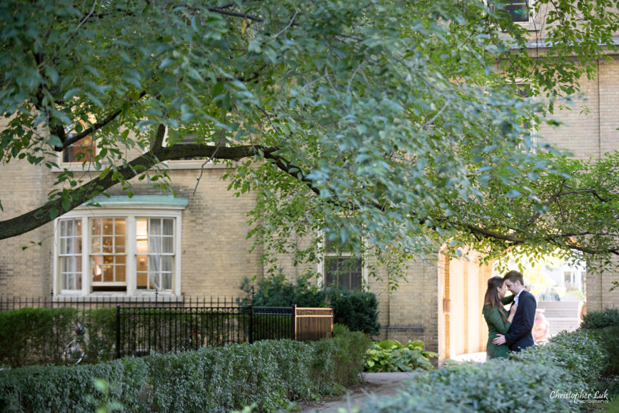 Christopher Luk (Toronto Wedding Photographer): University of Toronto College Doctor of Medicine Engagement Session Bride Groom Natural Candid Photojournalistic Hug Hold Snuggle Archway Old Tree Leaves Leading Line Wide