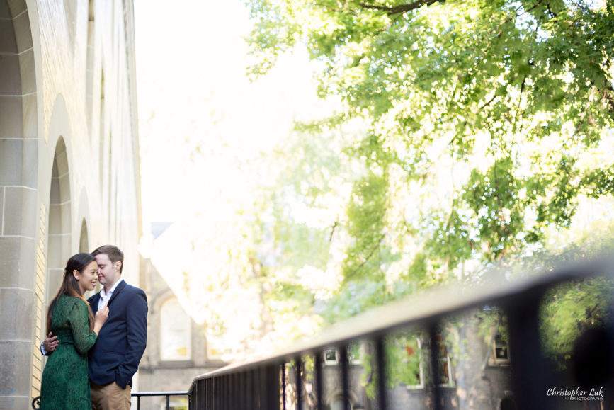 Christopher Luk (Toronto Wedding Photographer): University of Toronto College Doctor of Medicine Engagement Session Bride Groom Natural Candid Photojournalistic Archway Quad Hug Hold Close Leading Line