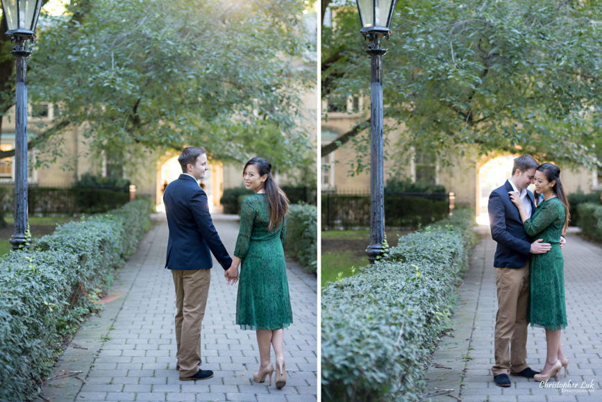 Christopher Luk (Toronto Wedding Photographer): University of Toronto College Doctor of Medicine Engagement Session Bride Natural Candid Photojournalistic Archway Walkway Shrubs Old Trees Lamp Post