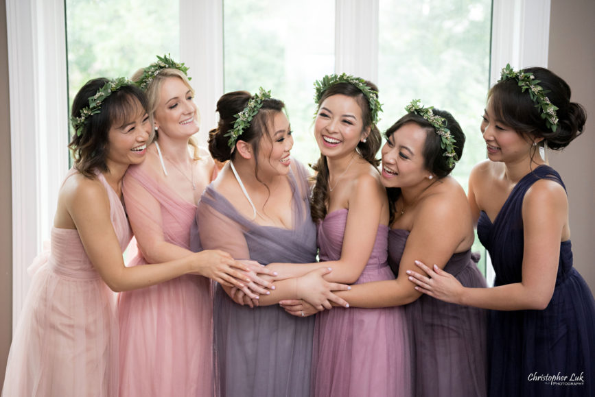 Christopher Luk (Toronto Wedding Photographer): Berkeley Church Vintage Rustic Ceremony Candlelight Dinner Reception Pinterest Worthy Details Bridesmaids Matching Different Colour Shade Tone Purple Pink Dresses Gowns Floral Wreath Crown Hug