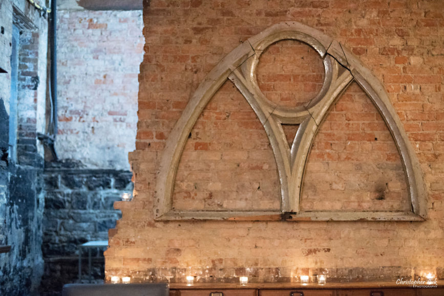 Christopher Luk (Toronto Wedding Photographer): Berkeley Church Vintage Rustic Ceremony Candlelight Dinner Reception Pinterest Worthy Details Cool Archway Arch Candles Display Feature Wall