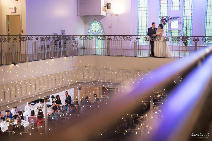 Christopher Luk (Toronto Wedding Photographer): Berkeley Church Vintage Rustic Ceremony Candlelight Dinner Reception Pinterest Worthy Details Candid Natural Photojournalistic Bride Groom Balcony Mezzanine Staircase Railing Banister Wide