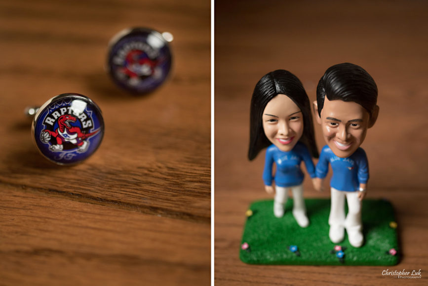 Christopher Luk Toronto Wedding Portrait Lifestyle Event Photographer - Eagles Nest Golf Club Outdoor Ceremony Toronto Raptors Blue Jays Sports Fans Initial Personalized Cufflinks Cuff Links Bride Groom Bobbleheads Marriage Bobblehead