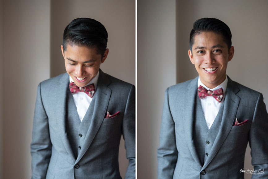 Christopher Luk Toronto Wedding Portrait Lifestyle Event Photographer - Eagles Nest Golf Club Outdoor Ceremony Toronto Raptors Blue Jays Sports Fans Natural Candid Photojournalistic Groom Custom Red Fabric Tytan Bow Tie JCrew J Crew Ludlow Grey Suit