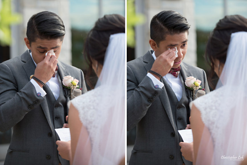 Christopher Luk Toronto Wedding Portrait Lifestyle Event Photographer - Eagles Nest Golf Club Outdoor Ceremony Toronto Raptors Blue Jays Sports Fans Natural Candid Photojournalistic Bride Groom Vows Tears of Joy Emotional Wipe