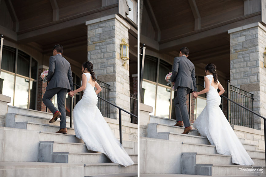 Christopher Luk Toronto Wedding Portrait Lifestyle Event Photographer - Eagles Nest Golf Club Outdoor Ceremony Toronto Raptors Blue Jays Sports Fans Natural Candid Photojournalistic Bride Groom Walking Together Clubhouse Staircase Stairs