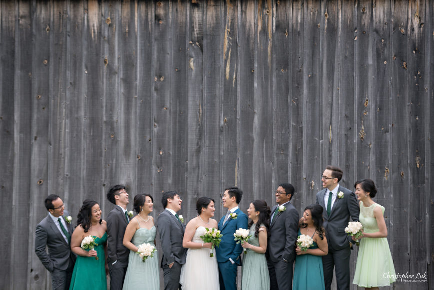 Christopher Luk: Toronto Wedding Photographer: Markham Museum Scarborough Chinese Baptist Church SCBC Columbus Event Centre Sala Caboto Natural Candid Photojournalistic Bride Groom Bridesmaids Groomsmen Bridal Party Creative Portrait Old Farm Barn Wooden Pallet Wall Talking Smiling Laughing