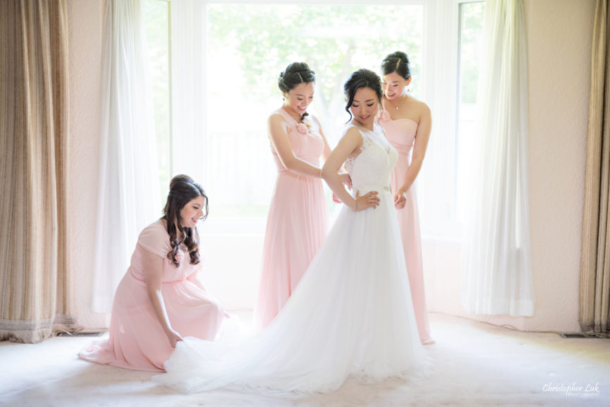 Christopher Luk Toronto Wedding Photographer - Bride Bridal White Dress Natural Candid Photojournalistic Satine Studio Hair Stylist and Makeup Artist Bridesmaids Pink Dresses Getting Ready