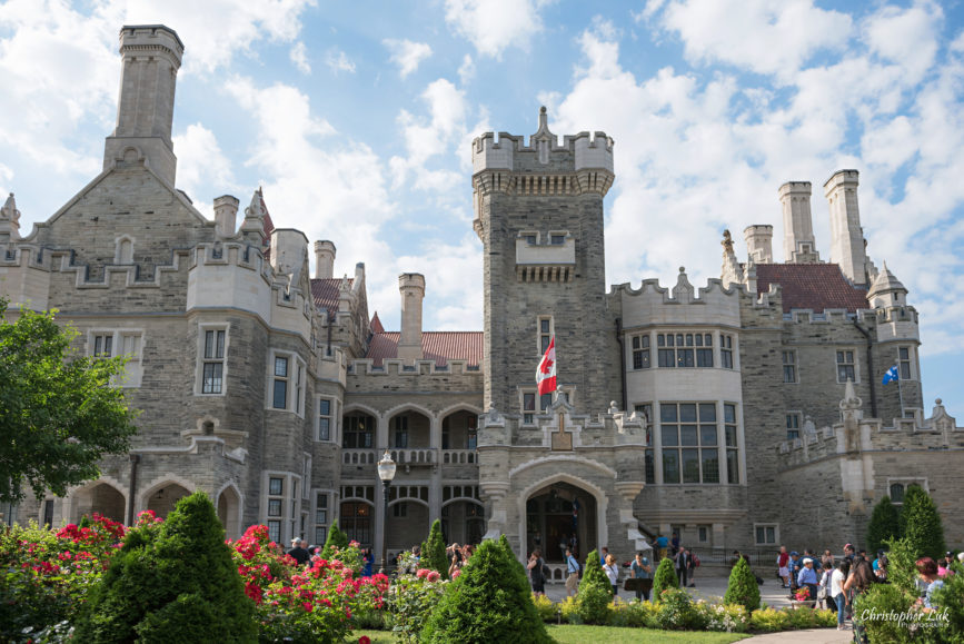 Christopher Luk Toronto Wedding Photographer - Casa Loma Conservatory Ceremony Creative Photo Session ByPeterAndPauls Paramount Event Venue Space Natural Candid Photojournalistic Bride Groom Castle Exterior Front Garden Wide Water Fountain Canadian Flag Tower Main Entrance
