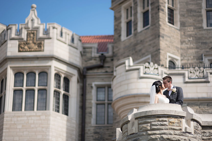 Christopher Luk Toronto Wedding Photographer - Casa Loma Conservatory Ceremony Creative Photo Session ByPeterAndPauls Paramount Event Venue Space Natural Candid Photojournalistic Bride Groom Castle Exterior Rear Garden Turret Tower Kiss Wide