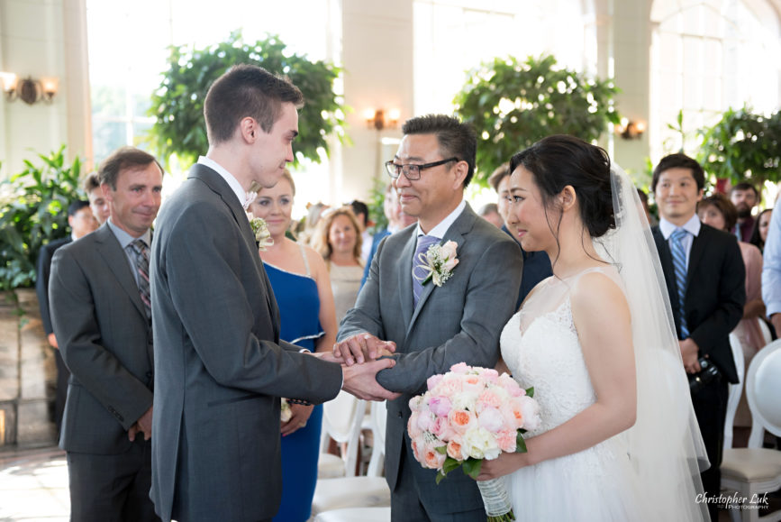 Christopher Luk Toronto Wedding Photographer - Casa Loma Conservatory Ceremony Creative Photo Session ByPeterAndPauls Paramount Event Venue Space Natural Candid Photojournalistic Castle Father of Bride Walking Down Centre Aisle Hand Off Groom