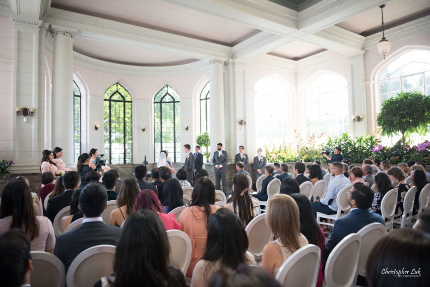 Christopher Luk Toronto Wedding Photographer - Casa Loma Conservatory Ceremony Creative Photo Session ByPeterAndPauls Paramount Event Venue Space Natural Candid Photojournalistic Castle Bride Groom Stained Glass Wide Guests Left Rear
