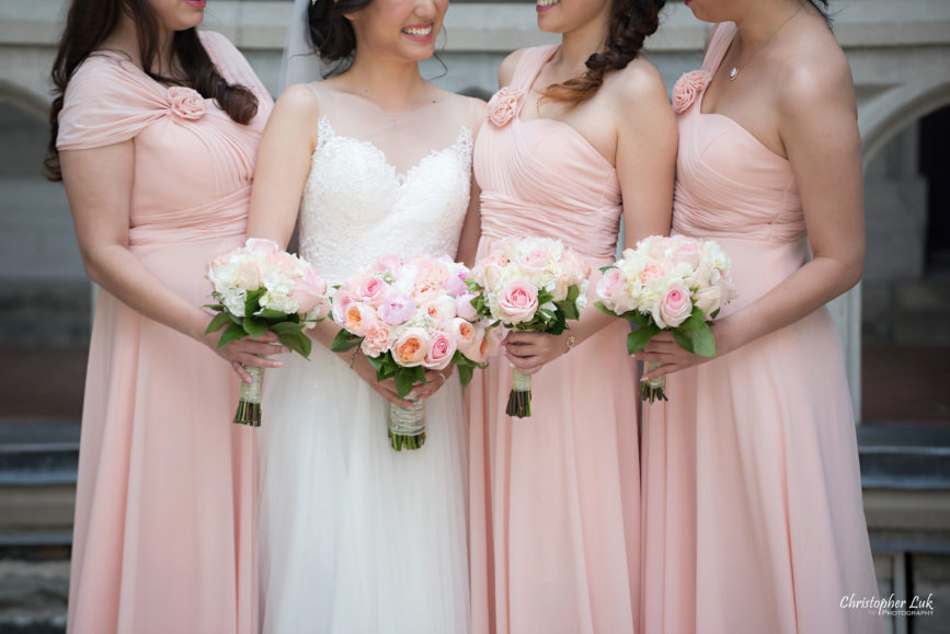 Christopher Luk Toronto Wedding Photographer - Casa Loma Conservatory Ceremony Creative Photo Session ByPeterAndPauls Paramount Event Venue Space Natural Candid Photojournalistic Bride Bridesmaids Pink Dresses Smiling Floral Flowers Bouquet Detail