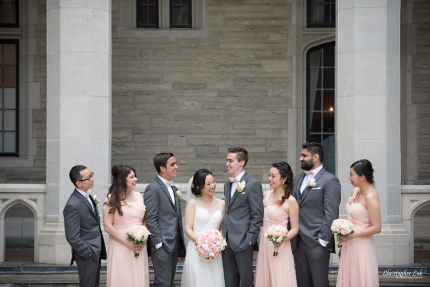 Christopher Luk Toronto Wedding Photographer - Casa Loma Conservatory Ceremony Creative Photo Session ByPeterAndPauls Paramount Event Venue Space Natural Candid Photojournalistic Bride Bridesmaids Pink Dresses Groomsmen Castle Bridal Party Smiling Talking Laughing