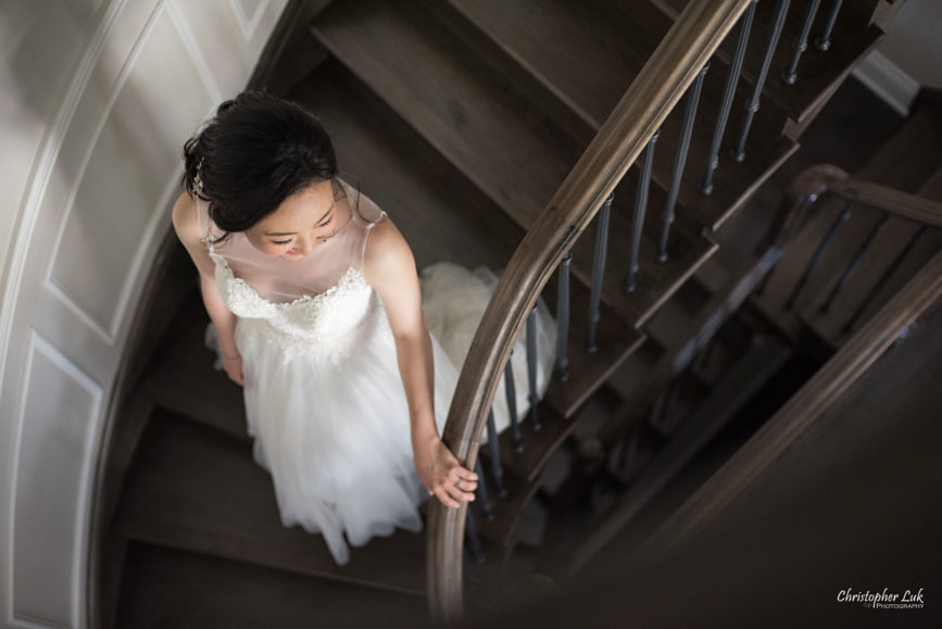 Christopher Luk Toronto Wedding Photographer - Bride Bridal White Dress Natural Candid Photojournalistic Getting Ready Walking Down Staircase Stairs First Look Reveal