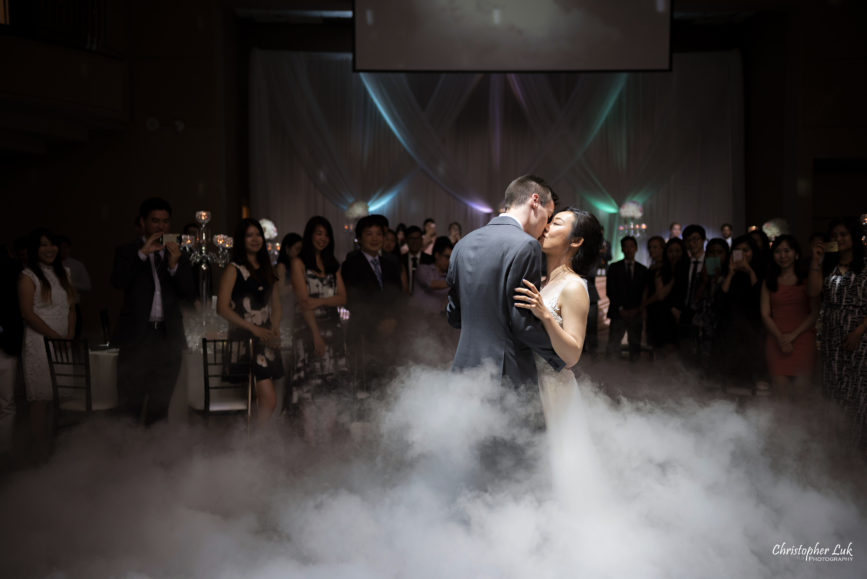 Christopher Luk Toronto Wedding Photographer - Casa Loma Conservatory Ceremony Creative Photo Session ByPeterAndPauls Paramount Event Venue Space Eastwood Room Bride Groom Natural Candid Photojournalistic First Dance Guests Dance Floor Dry Ice Machine Fog Cloud Close Kiss