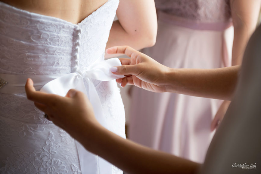 Christopher Luk - Toronto Wedding Photographer - Markham Home Private Residence Bride Alfred Angelo from Joanna’s Bridal Natural Candid Photojournalistic Creative Curtains Portrait Bridesmaids Getting Ready Bridesmaid Crystal Belt Ribbon Tie Bow