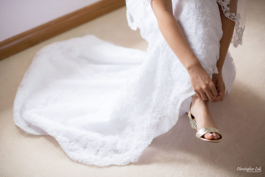 Christopher Luk - Toronto Wedding Photographer - Markham Home Private Residence Bride Alfred Angelo from Joanna’s Bridal Gold Glitter Strap Sandal Shoes