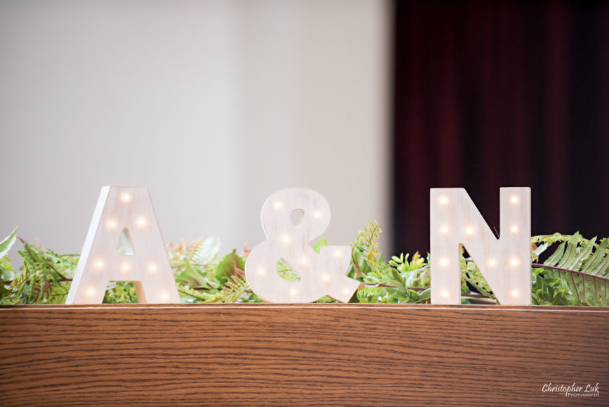 Christopher Luk - Toronto Wedding Photographer - Markham Chinese Baptist Church MCBC Christian Ceremony - Natural Candid Photojournalistic Bride Groom Marquee Lights Initials Ampersand Letters