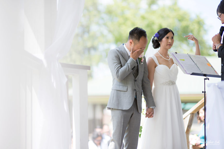 Christopher Luk - Toronto Wedding Lifestyle Event Photographer - Photojournalistic Natural Candid Markham Museum Gazebo Ceremony Bride Groom Vows Emotional Cry Wipe Tears Funny Finger Pointing