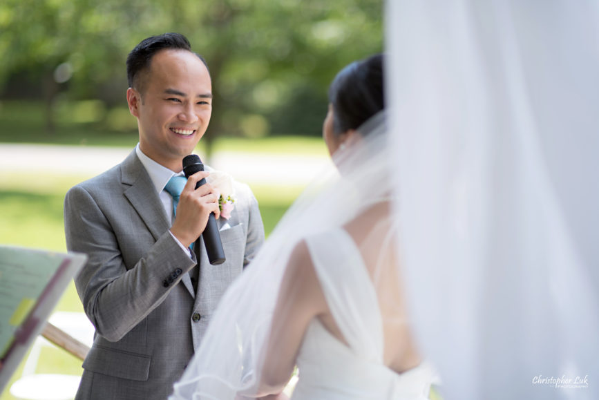 Christopher Luk - Toronto Wedding Lifestyle Event Photographer - Photojournalistic Natural Candid Markham Museum Gazebo Ceremony Groom Vows Smile Glowing