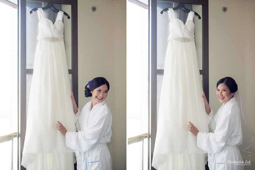 Christopher Luk - Toronto Wedding Lifestyle Event Photographer - Photojournalistic Natural Candid Hilton Suites Markham Bride Getting Ready Bridal Prep White Wedding Grecian Dress Crystal Belt Sash Detail Hold