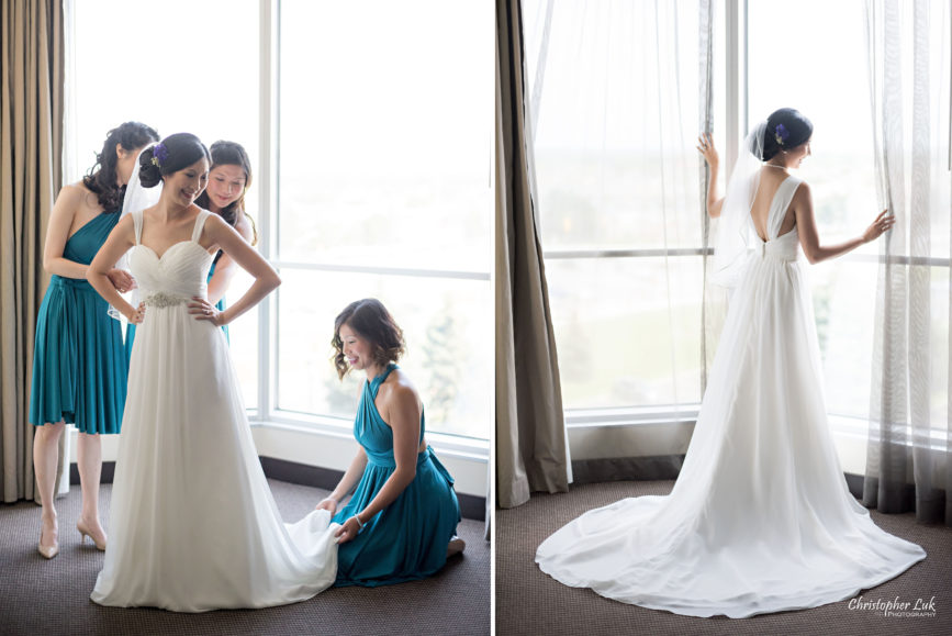 Christopher Luk - Toronto Wedding Lifestyle Event Photographer - Photojournalistic Natural Candid Hilton Suites Markham Bride Getting Ready Bridal Prep Grecian Bridesmaids Deep Teal Henkaa Dress Dresses