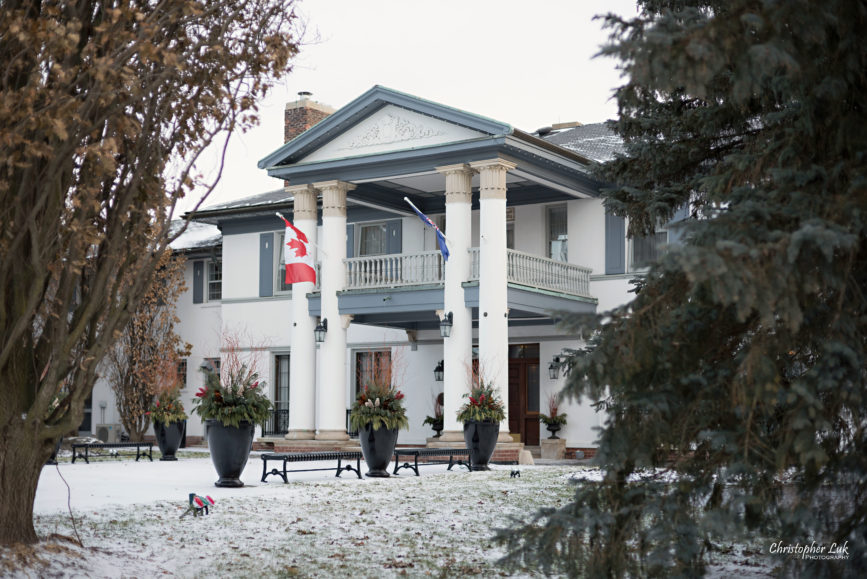 Toronto Wedding Photographer Heintzman House Winter Wedding Historic Estate Event Venue Markham Thornhill York Region Front Entrance Landscaping Trees