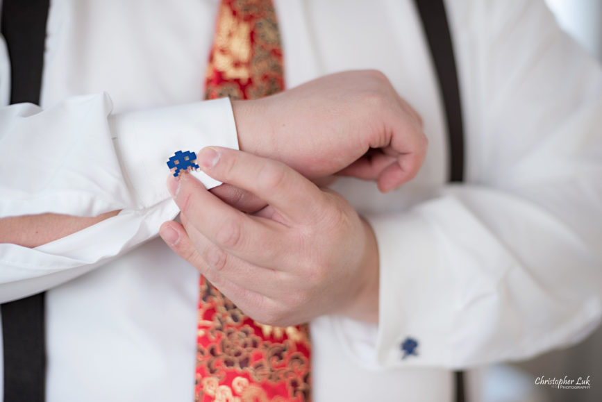 Toronto Wedding Photographer Heintzman House Winter Wedding Historic Estate Event Venue Groom Space Invaders Aliens Cuff Links Chinese Red Tie