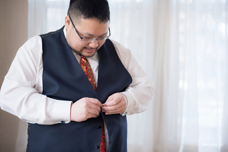 Toronto Wedding Photographer Heintzman House Winter Wedding Historic Estate Event Venue Groom Getting Ready Chinese Red Tie Navy Blue Waistcoat Vest