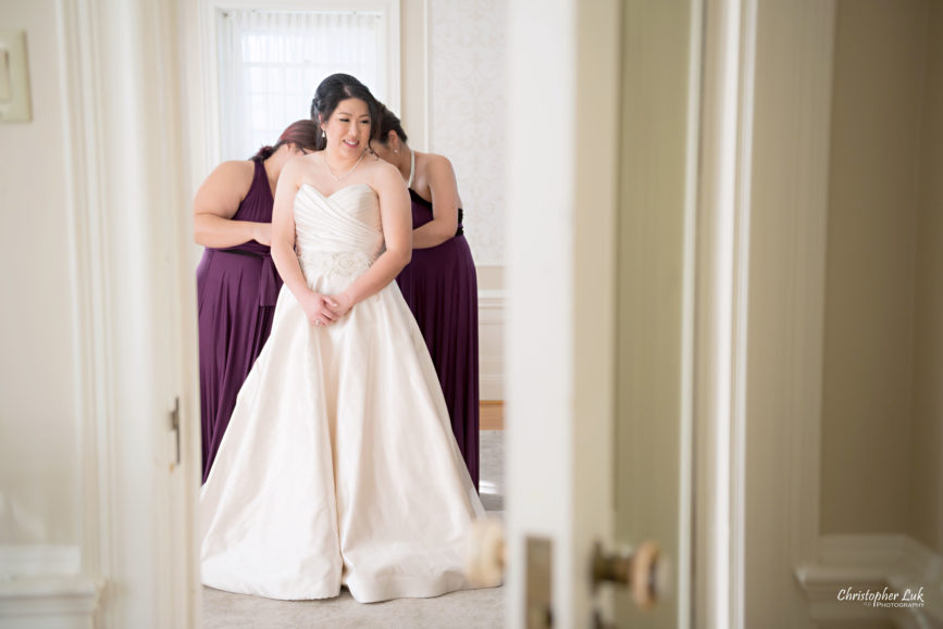 Toronto Wedding Photographer Heintzman House Winter Wedding Markham York Region Historic Estate Event Venue Photojournalistic Documentary Candid Natural Creative Bridal Room Bride Bridesmaids Getting Ready Corset Dress Gown