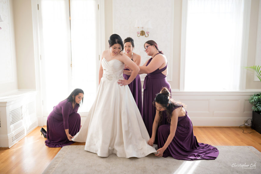 Toronto Wedding Photographer Heintzman House Winter Wedding Markham York Region Historic Estate Event Venue Photojournalistic Documentary Candid Natural Creative Bridal Room Bride Bridesmaids Getting Ready Corset Dress Gown Plum Purple Henkaa