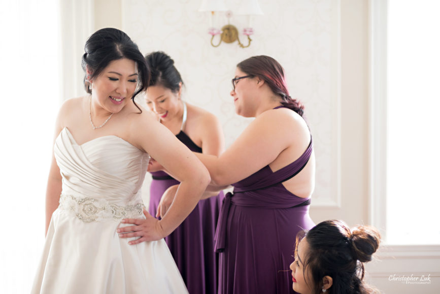 Toronto Wedding Photographer Heintzman House Winter Wedding Markham York Region Historic Estate Event Venue Photojournalistic Documentary Candid Natural Creative Bridal Room Bride Bridesmaids Getting Ready Corset Dress Gown Plum Purple Henkaa Close Up