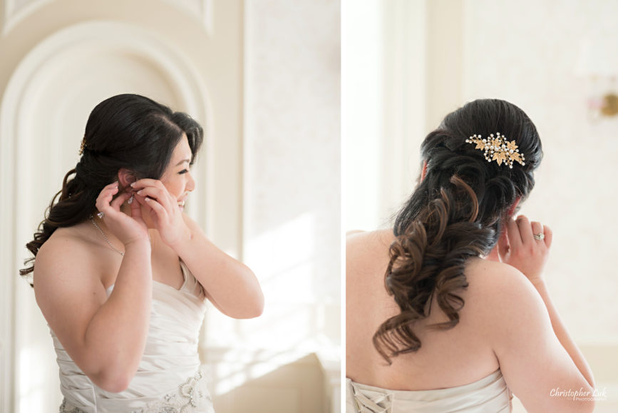 Toronto Wedding Photographer Heintzman House Winter Wedding Markham York Region Historic Estate Event Venue Photojournalistic Documentary Candid Natural Creative Portrait Session Bride Bridal Getting Ready Earrings Hairpiece Hair Stylist Detail