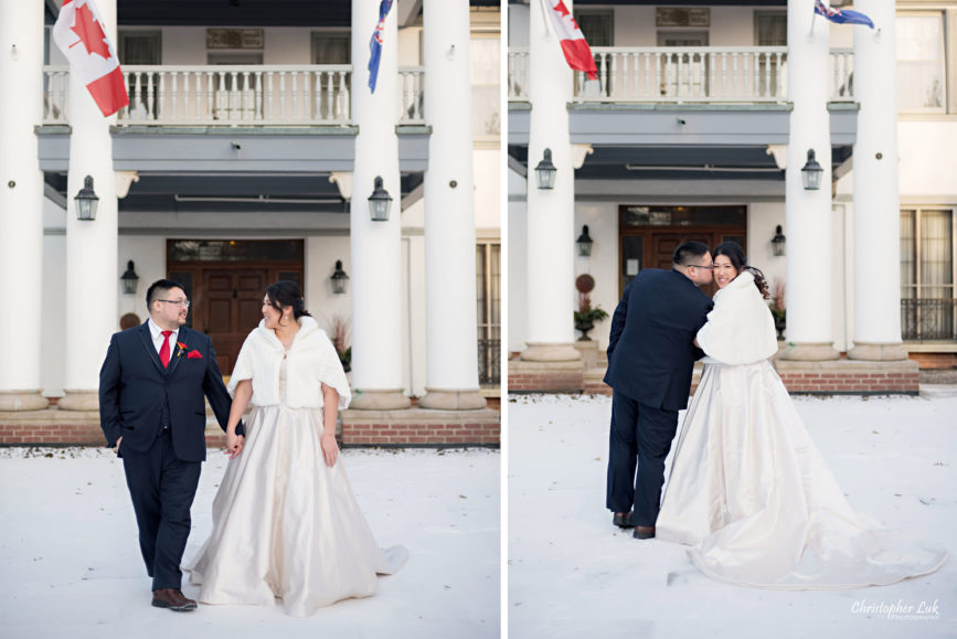 Toronto Wedding Photographer Heintzman House Winter Wedding Markham York Region Historic Estate Event Venue Photojournalistic Documentary Candid Natural Creative Portrait Session Bride Groom Pillars Columns Balcony Grand Entrance Winter Wonderland Kiss