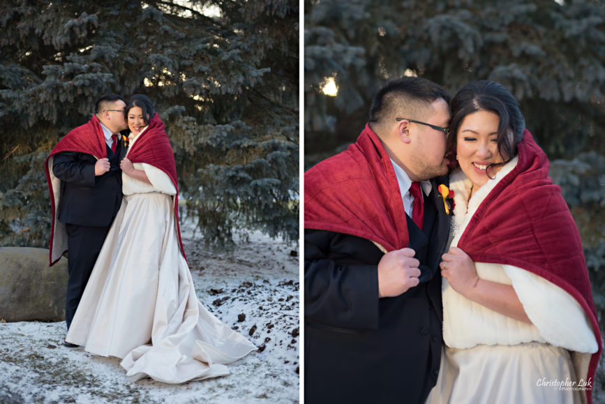 Toronto Wedding Photographer Heintzman House Winter Wedding Natural Candid Photojournalistic Documentary Pictures Photos Bride Groom Evergreen Tree Warm Red Blanket