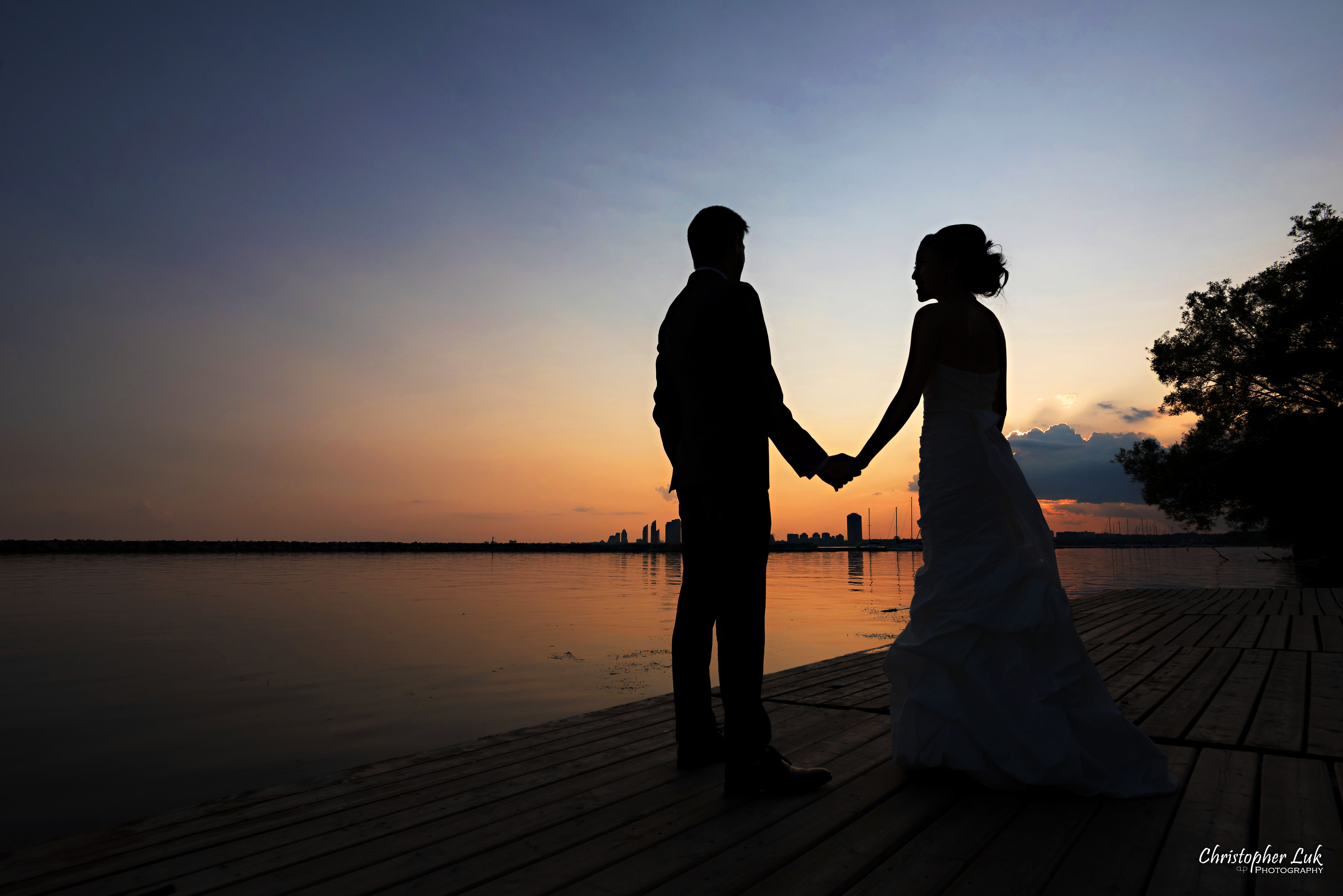 Christopher Luk 2015 - Jaynelle and Ernest's Wedding - Toronto Chinese Baptist Church Osgoode Hall Argonaut Rowing Club Henley Room Waterfront Venue - Bride Groom Creative Relaxed Portrait Session Photojournalistic Natural Candid Posed Lakefront Scenic Warm Intense Sunset Colours Silhouette
