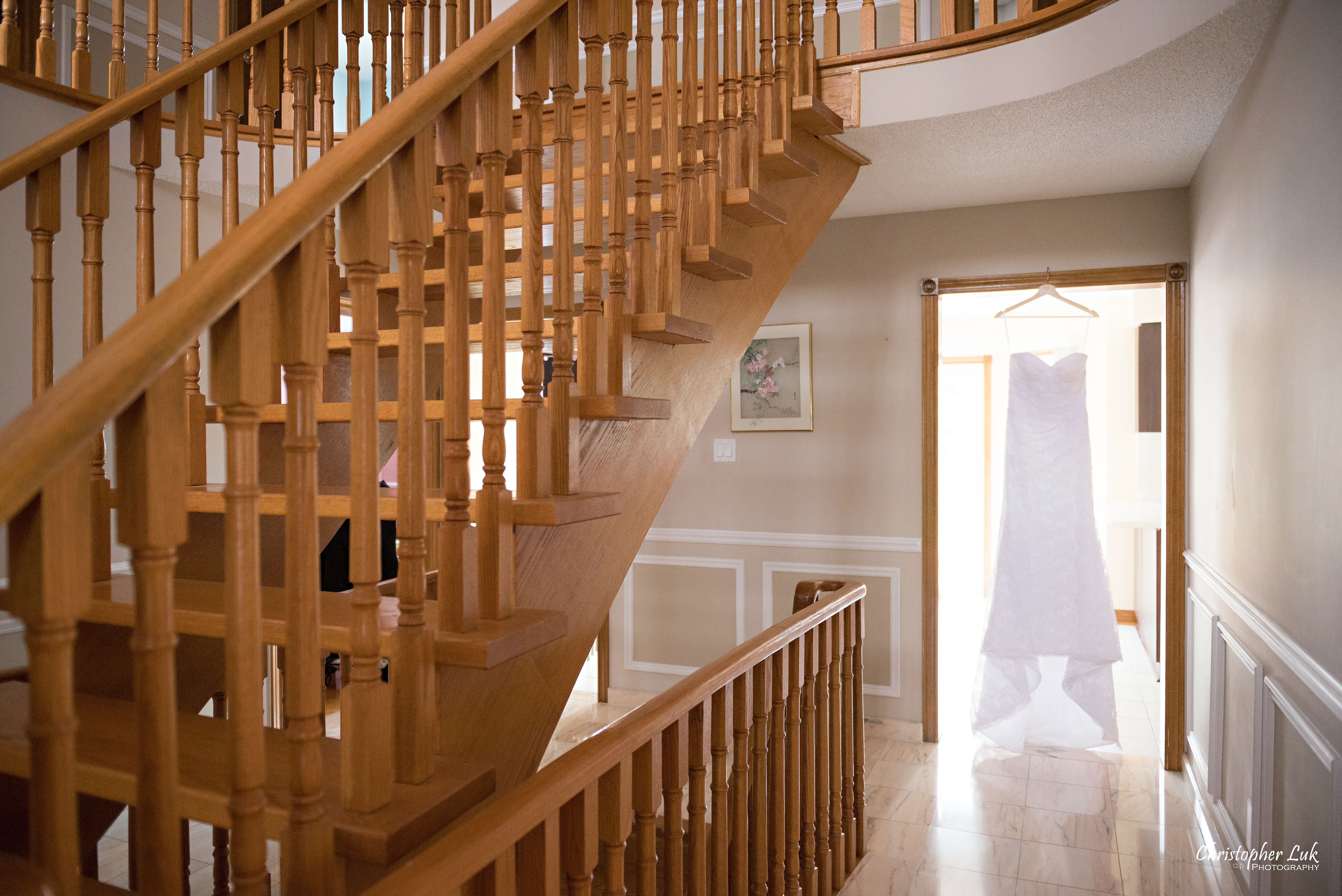Christopher Luk - Toronto Wedding Photographer - Markham Home Private Residence Bride Alfred Angelo from Joanna’s Bridal Natural Candid Photojournalistic Creative Staircase Leading Line White Dress