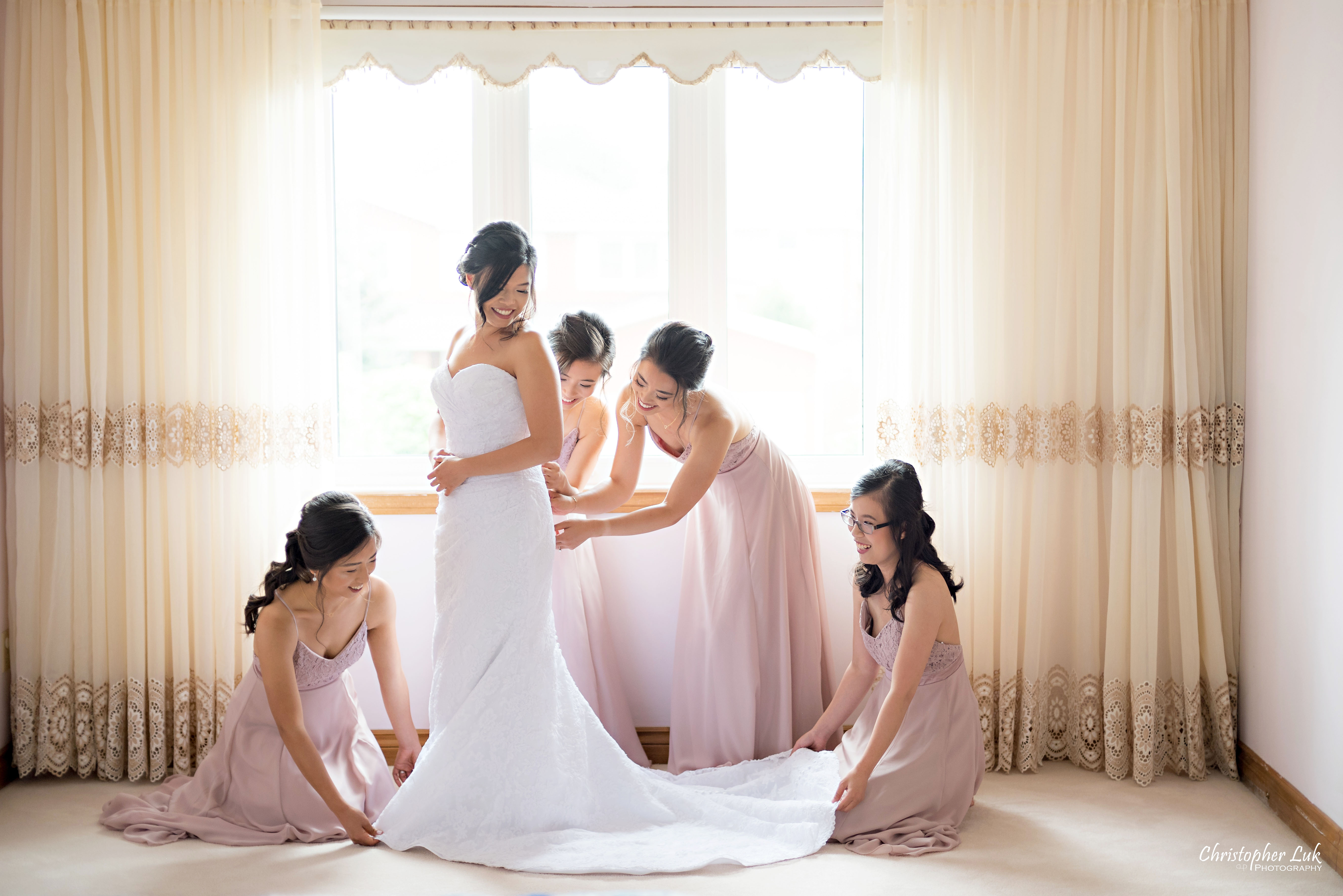 Christopher Luk - Toronto Wedding Photographer - Markham Home Private Residence Bride Alfred Angelo from Joanna’s Bridal Natural Candid Photojournalistic Creative Curtains Portrait Bridesmaids Getting Ready Wide